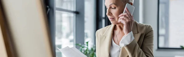 Banker Looking Documents Talking Smartphone Blurred Foreground Banner — Stok Foto