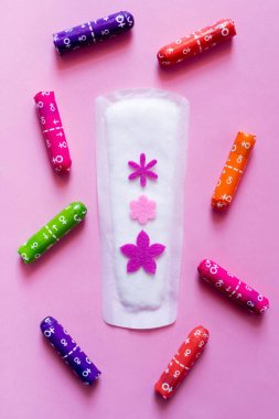 Dekoratif çiçeklerle süslenmiş iç çamaşırlarının üst görüntüsü menekşe arkaplanındaki tamponların yanında