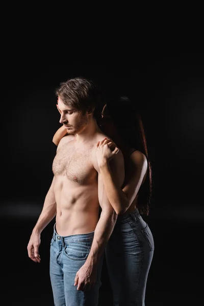 Young Woman Jeans Touching Sensual Man Black Background — Fotografia de Stock