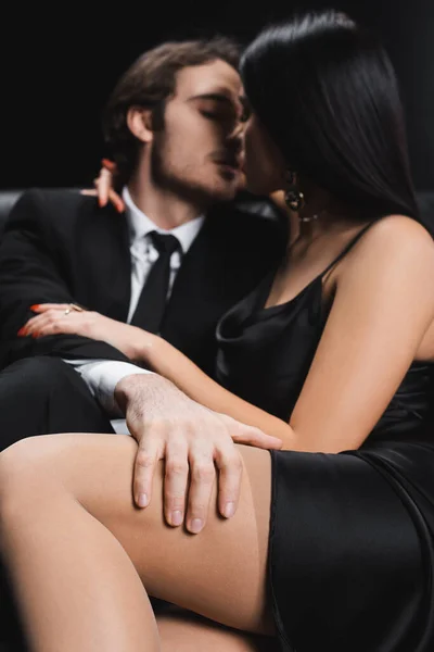 Blurred Man Formal Wear Touching Girlfriend Dress Isolated Black — Stockfoto