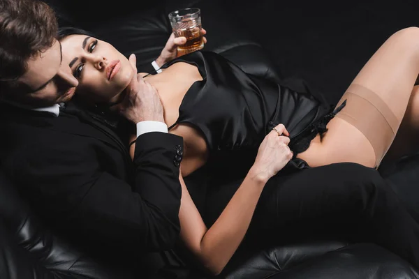 Overhead View Sensual Woman Taking Dress Holding Whiskey Boyfriend Suit — Stock Fotó