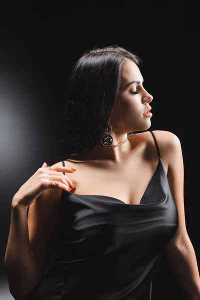 Side View Sexy Woman Silk Dress Black Background — Zdjęcie stockowe