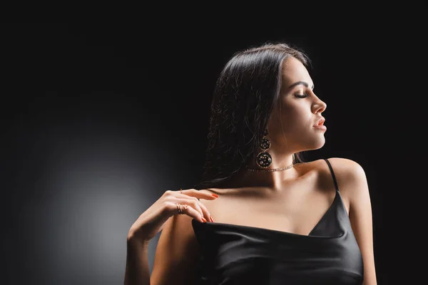 Side View Sensual Brunette Woman Touching Silk Dress Black Background — Stock Photo, Image