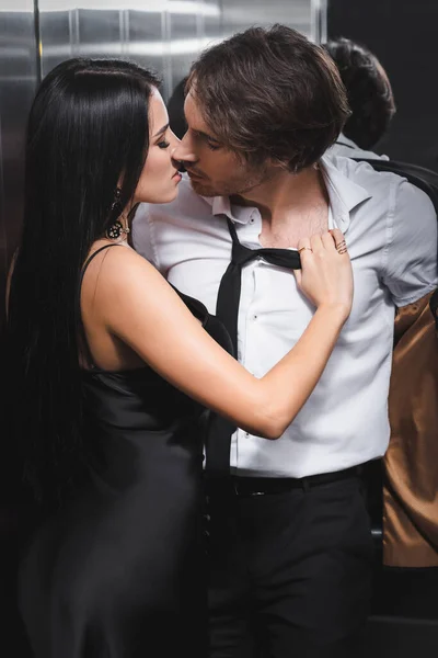 Sexy Man Taking Jacket Kissing Girlfriend Elevator — Stock Photo, Image