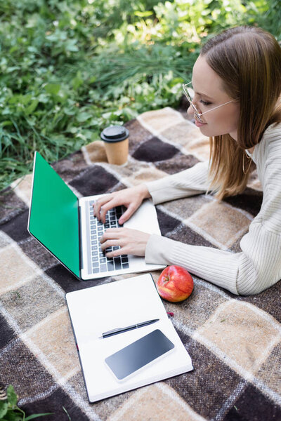 high angle view of freelancer in glasses lying on blanket and using laptop in park 
