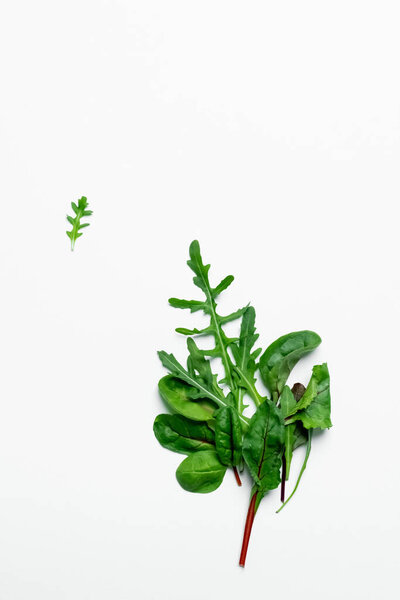 Top view of fresh arugula and spinach on white background 
