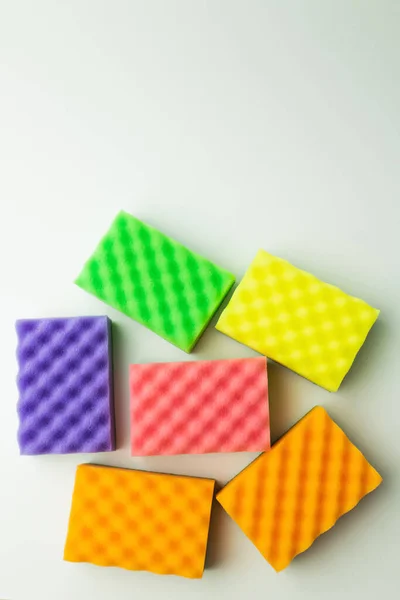 Top View Bright Multicolored Sponges Grey Background — Foto Stock