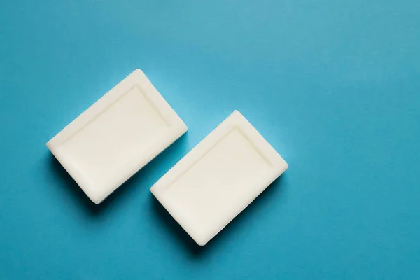 Top View White Toilet Soap Blue Background —  Fotos de Stock