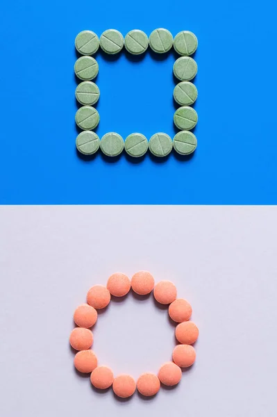 Top View Pills Shapes Circle Square White Blue Background — Stock Photo, Image