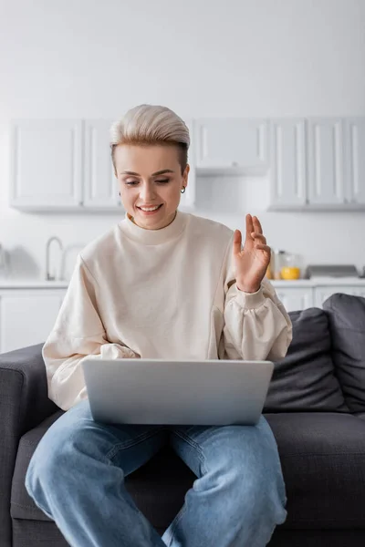 Smiling Woman Waving Hand Video Call Laptop Home — Stockfoto