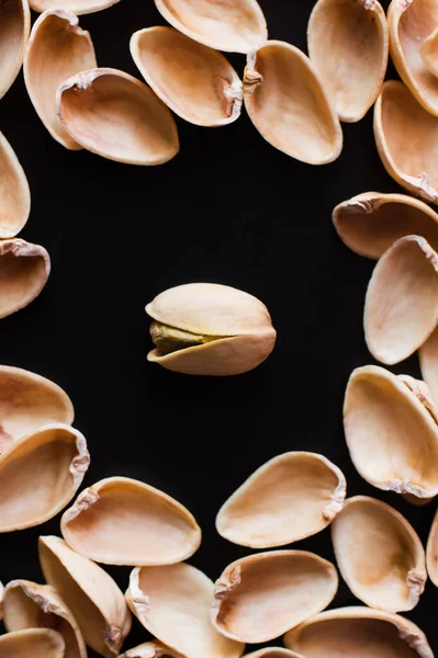 Flay Lay Nutshells Tasty Pistachio Nut Isolated Black — Stock Photo, Image