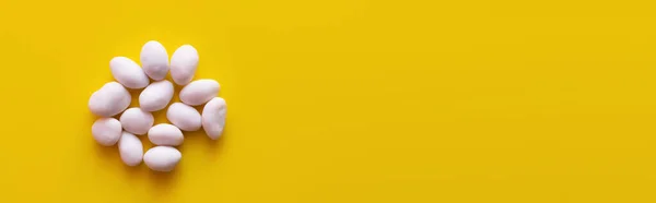黄色の背景の上から見た松の実バナー — ストック写真