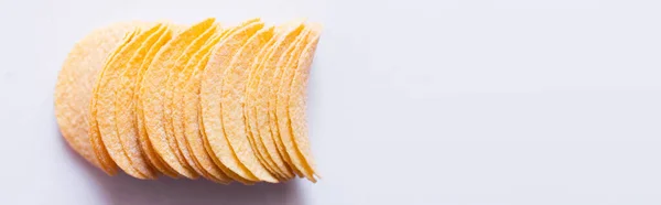 Top View Salty Crunchy Potato Chips White Banner — ストック写真