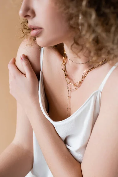 Cropped View Woman White Top Necklaces Isolated Beige — Stock Photo, Image