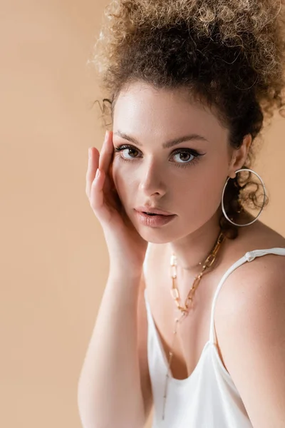Portrait Curly Model Accessories Touching Face Isolated Beige — Stock Photo, Image