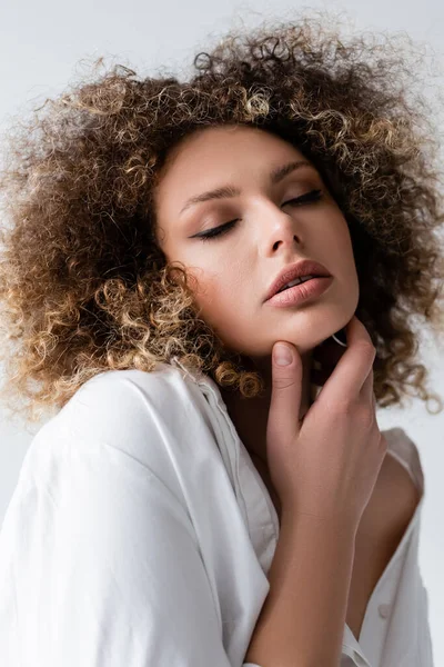 Portrait Pretty Curly Model Touching Face Isolated White — Stock Photo, Image