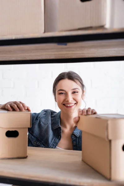 Smiling Seller Looking Camera Blurred Carton Boxes Rack Online Web — Stock Photo, Image