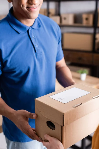 Cropped View African American Deliveryman Taking Carton Box Online Web — Stock Photo, Image