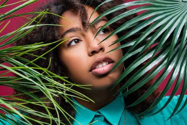 Портрет Афроамериканської Жінки Макіяжем Дивиться Сторону Зеленого Тропічного Листя Ізольовано — стокове фото