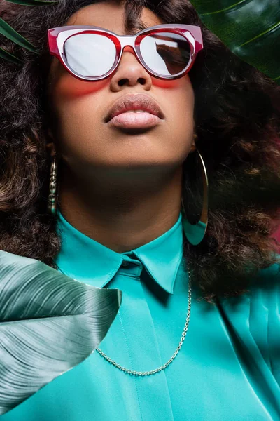 curly african american woman in earrings and sunglasses near green leaves