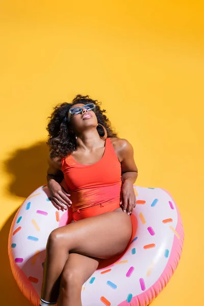 Top View African American Woman Swimsuit Relaxing Inflatable Ring Yellow — Stock Photo, Image