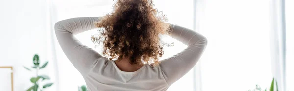 Back View Young Curly Woman Stretching Arms Morning Banner — Stock Photo, Image