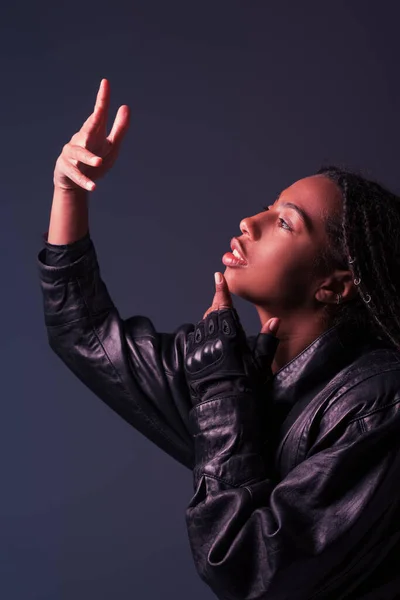 Side View African American Woman Glove Leather Jacket Looking Hand — Stock Photo, Image