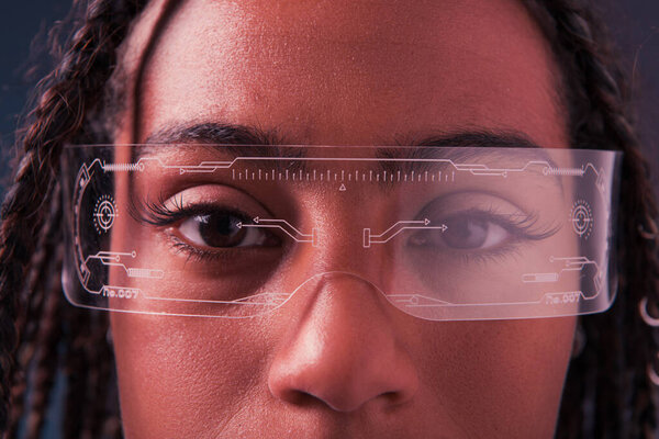 Cropped view of african american woman in smart glasses looking at camera
