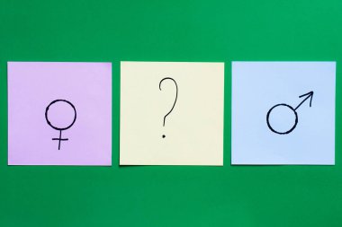 Yeşil arkaplanda cinsiyet işaretleri arasında soru işareti olan çok renkli kartların üst görünümü