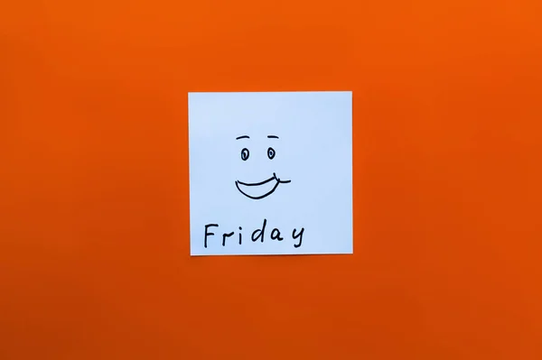 Top View Card Friday Lettering Happy Emoticon Orange Background — Stock Photo, Image