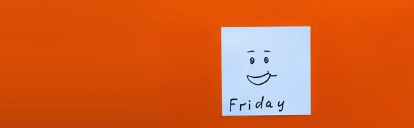 Top View Cheerful Emoticon Friday Lettering Sticky Note Red Background — Stock Photo, Image
