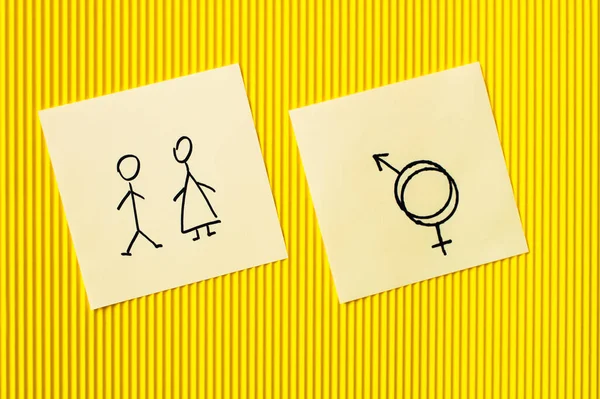 Top View Cards Male Female Icons Gender Symbols Yellow Textured — Stock Photo, Image