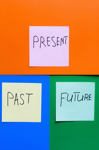 top view of paper notes with word present above past and future on orange, green and blue background