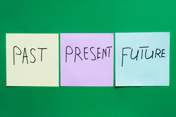 top view of sticky notes with present near past and future words on green background