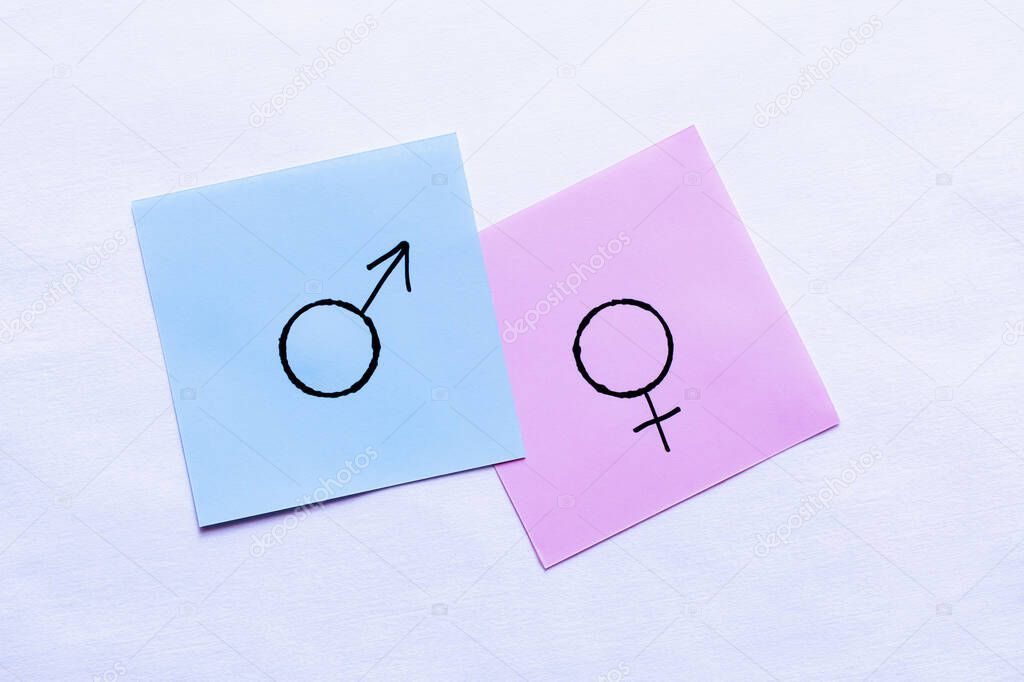 top view of violet cards with gender identity signs on white background