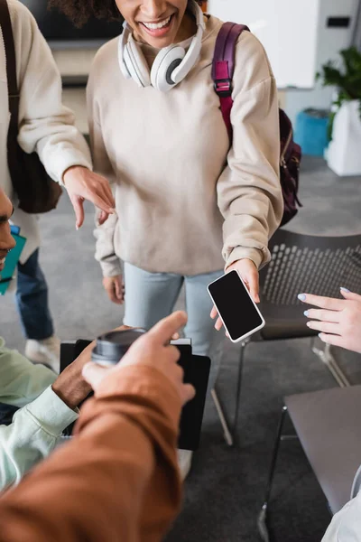 Cropped View Interracial Students Pointing Smartphone Hand Smiling African American — Stock Photo, Image