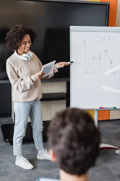 cheerful african american student with digital tablet pointing at graphs on whiteboard