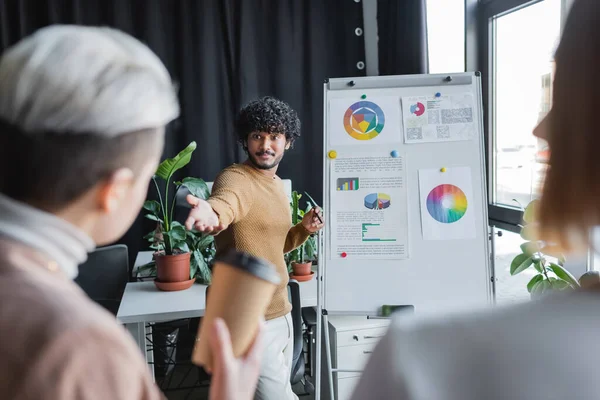 Curly Indian Man Pointing Blurred Coworkers Flip Chart Advertising Agency — Stock Photo, Image