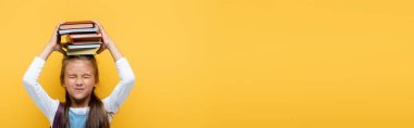 Okul çocuğu elinde kitaplarla sarıda, pankartta izole halde. 