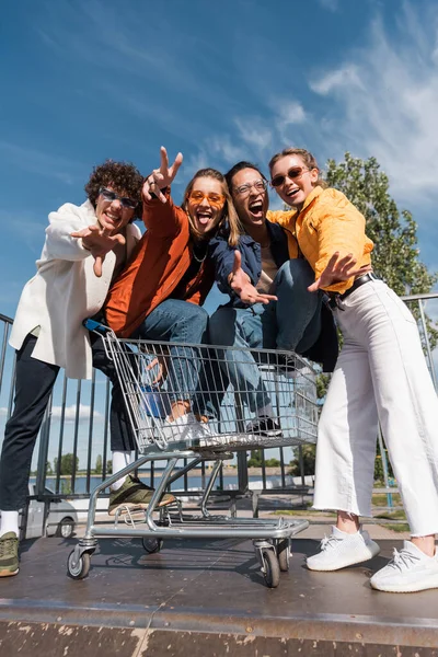 Interracial Friends Shopping Cart Gesturing Screaming Skate Ramp — Stock Photo, Image
