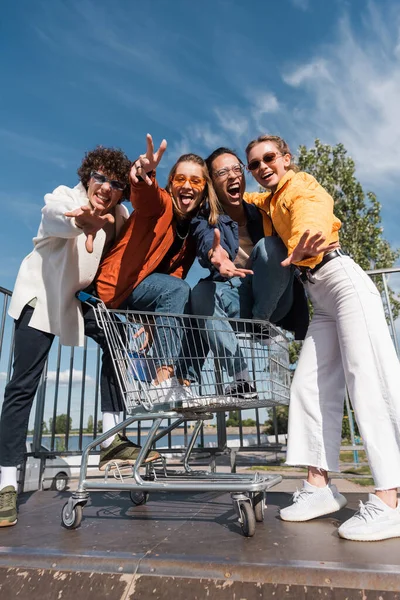 Amigos Interraciales Carrito Compras Haciendo Gestos Gritando Rampa Skate — Foto de Stock