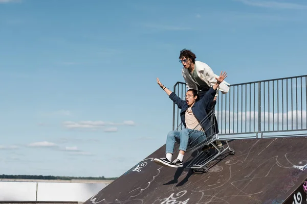 Thrilled Multiethnic Friends Moving Shopping Trolley Ramp Skate Park — Stock Photo, Image