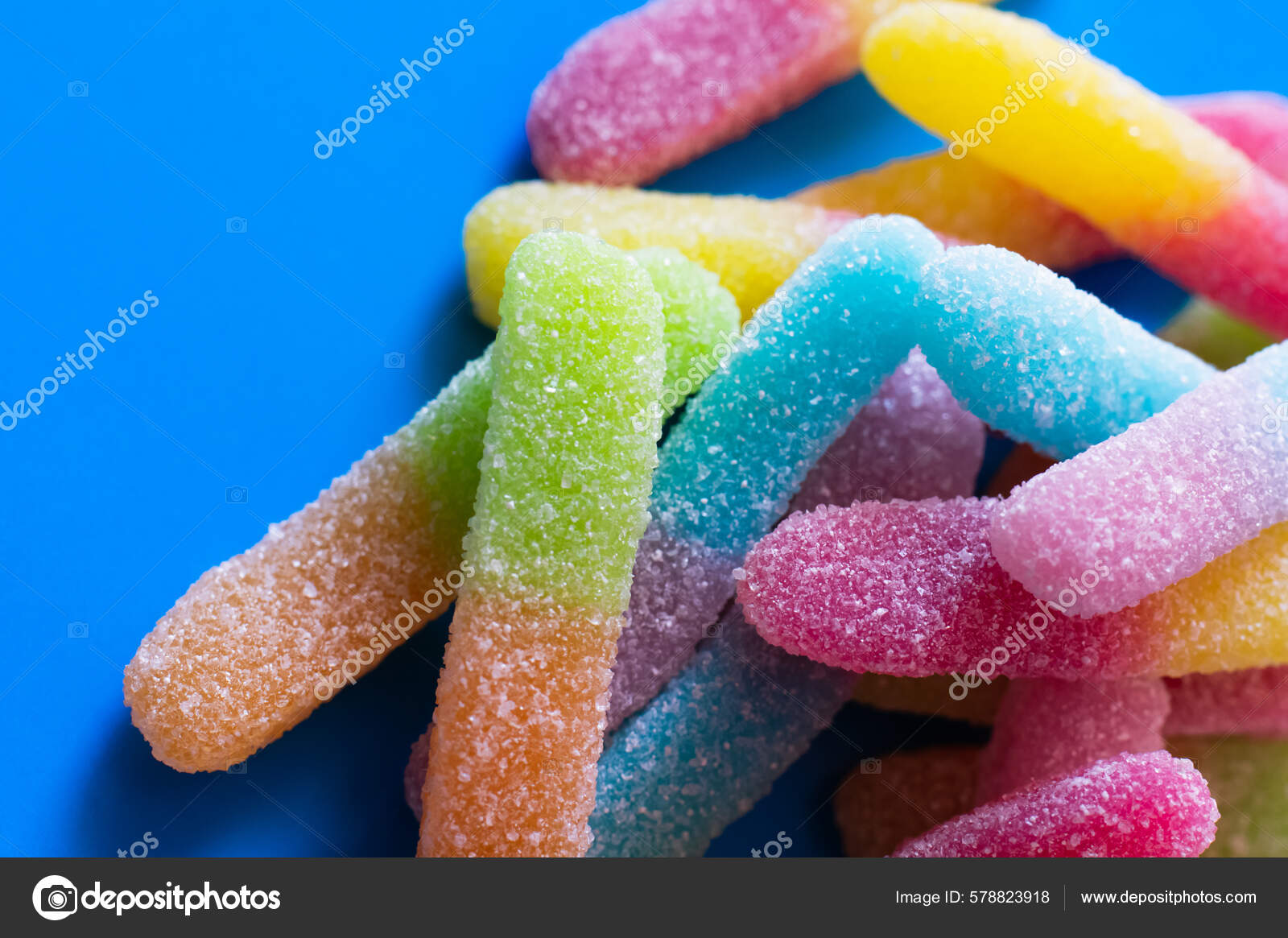 Close View Gummy Sweets Sugar Blue Background Stock Photo by