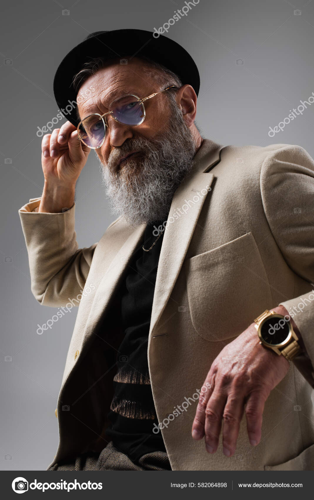 Portrait Bearded Senior Man Stylish Beige Jacket Derby Hat Grey Stock Photo HayDmitriy 582064898