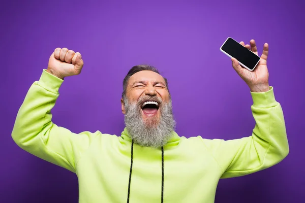 Excited Senior Man Beard Grey Hair Holding Smartphone Blank Screen — Stock Photo, Image