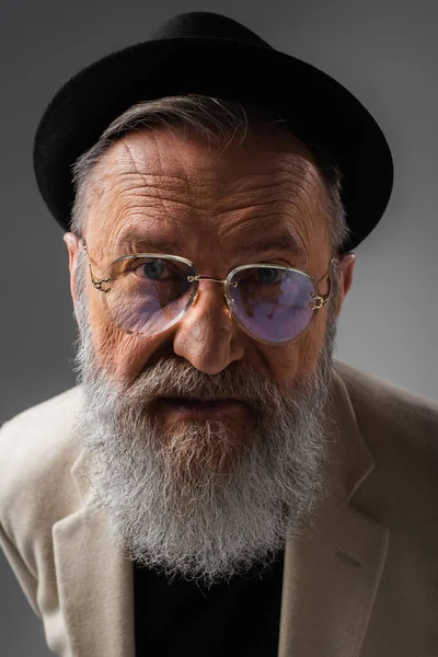 Portrait Stylish Senior Man Eyeglasses Derby Hat Posing Grey — Stock Photo, Image