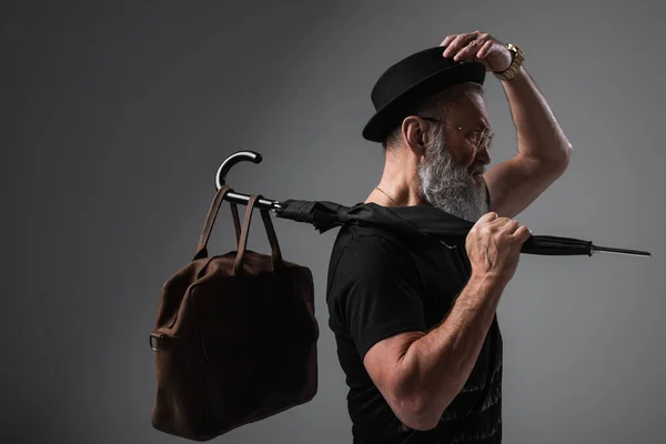 Side View Stylish Senior Man Derby Hat Holding Umbrella Leather — Stock Photo, Image