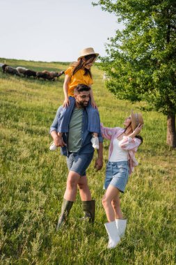 smiling man piggybacking daughter while walking with wife in grassy meadow clipart