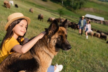 Hasır şapkalı mutlu kız yeşil çayırdaki bulanık ebeveynlerin yanında sığır köpeği besliyor.