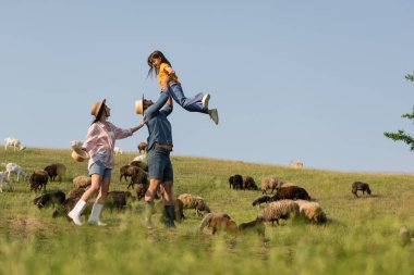 side view of excited farmer holding daughter near wife and sheep herd in green meadow clipart